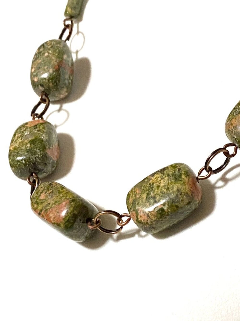 Genuine Dark Green Unakite Short Necklace, Natural Gemstone & Rustic Copper Link